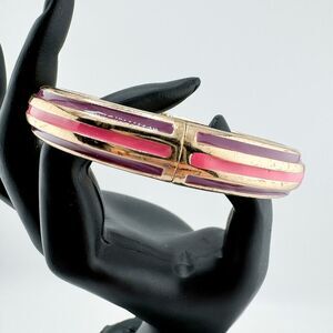 Vintage Gold-Tone Cuff Bracelet Pink Purple Stripes Retro Glam Preppy Chic
